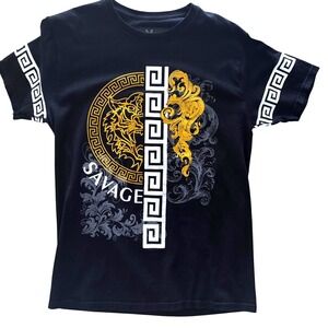 Mens Graphic T Shirt Greek Key Baroque Medusa Style Black Gold Streetwear Size M